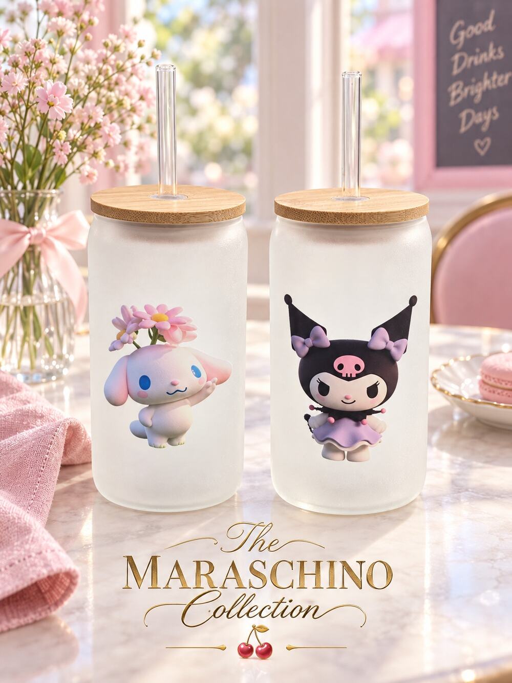 Sanrio Cinnamoroll and Kuromi Frosted Glass Tumbler Set Pastel Kawaii Drinkware